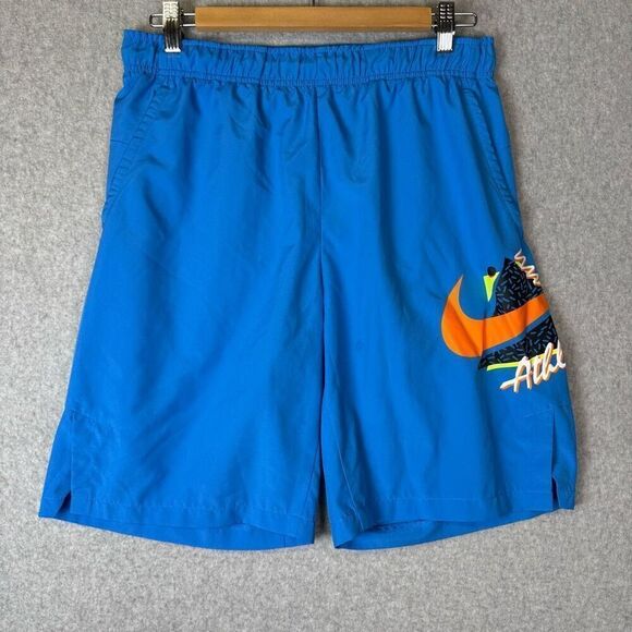 Nike Mens Size Small Swoosh Graphic Training Shorts Blue Elastic Waist Pockets - Picture 1 of 9